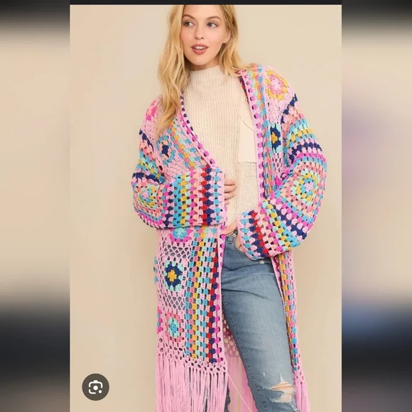 Pink lily pink colorful crochet long sleeve Cardigan - Picture 1 of 6